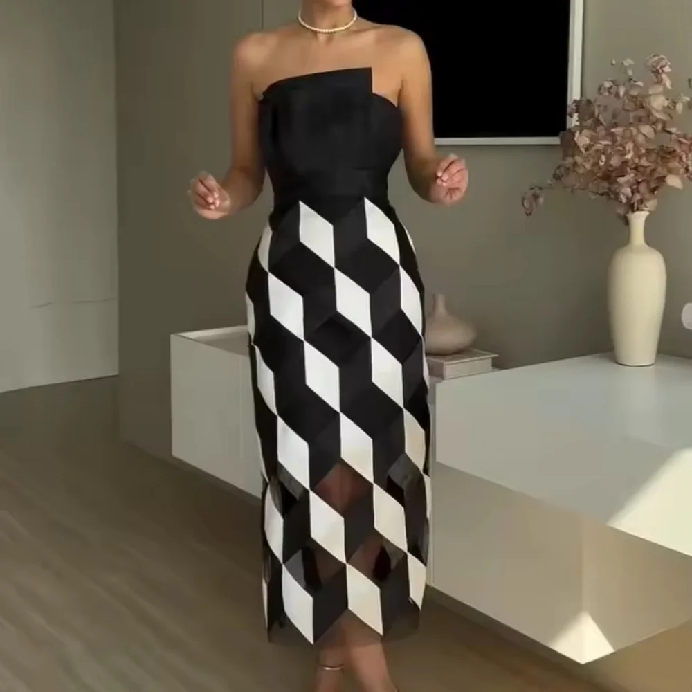Midi Dress Women Fashion Sleeveless Tube Nipped Waist Contrast Multifaceted Prin - Picture 2 of 6
